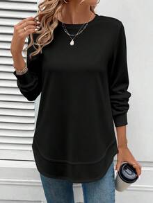 SHEIN LUNE 女式纯色简约圆领长袖运动衫，休闲日常穿着 - 黑色 - 查看 5