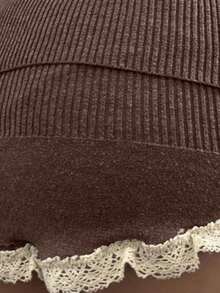 Lace Trim Side Tie-Up Knitted Women Skirt Brown Cute - Coffee Brown - View 4