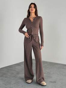 SHEIN Tall Bộ 2 món - Áo hoodie tay raglan màu đen dáng rộng có lớp lót giữ nhiệt và quần nỉ ống rộng màu nâu dành cho nữ. Bộ đồ hai mảnh kẻ sọc màu nâu. - màu nâu - Xem 6