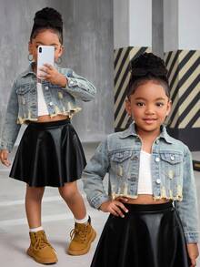 Young Girl' Y2k Retro Blue Denim Ripped Short Jacket,Fall Clothes,Winter Clothing ,Casual And Fashionable Vacation Outfits,Street Wear,2000s Style ,Christmas Denim Jacket,Vintage Clothes Kid