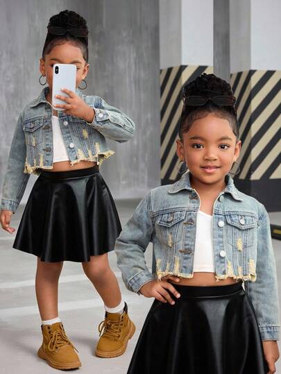 SHEIN Chaqueta corta de mezclilla azul retro rasgada para niña joven