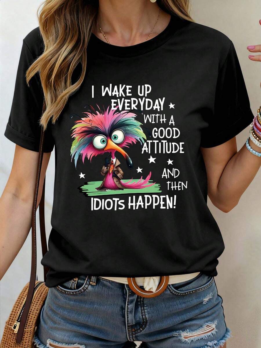 INAWLY 我醒来时心态很好，然后傻事就发生了 有趣的小鸟图案圆领基本款短袖 T 恤，适合女士，夏季 - 黑色 - 查看 1