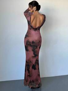 Firerie Women's Burgundy Coffee Color Wavy Print Long Sleeve Backless Dress,Seductive Autumn Mesh Lining Fishtail Hem Elegant Night Out Party Wedding Dress - Brown - View 6