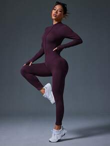 Easithlete Women's Ribbed Zipper Long Sleeve Jumpsuit - Purple - View 3