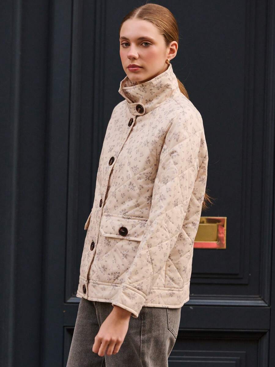 lacRébo Cream Quilted Floral Print Jacket With Button Front And Flap Pockets Cosy Style Autumn Winter Warm Jacket Going Out Outfits - Multicolor - View 1