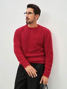 Manfinity CityGents 男士纯色圆领长袖休闲毛衣，秋冬季 - 紅色 - 查看 5