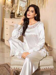 LuxeNights Mature Elegant Lace Hollow-Out Satin Women Pajama Set Satin Sleepwear Set White Satin Pajama Set Bridal Pajama Set Sleep Wear Women Silk Night Wear Women Sexy, Fall & Winter Clothes - White - View 6