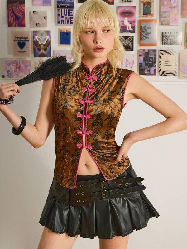 Y2Kool Maria Clara Maia Chaleco tipo cárdigan de estilo callejero chic casual con estampado de dragón en caligrafía china, de color marrón y contraste de terciopelo, adecuado para fiestas, reuniones y uso diario en otoño/invierno