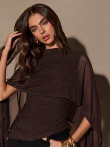 SHEIN BAE 女士棕色斗篷式披肩领修身褶皱针织上衣，优雅针织衫，秋冬款 - 棕色 - 查看 6