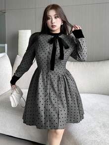 Flirla 大码波尔卡圆点天鹅绒拼布领带蝴蝶结优雅复古可爱女士连衣裙，适合约会、派对、秋冬 - 灰色 - 查看 6
