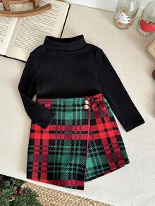 LMoss Kids Bộ đồ 2 món cho bé gái LMoss: Áo thun dài tay cổ đứng màu trơn và quần váy kẻ caro, thích hợp cho Giáng sinh, quần áo bé gái, phong cách ấm áp mùa thu đông. - Nhiều màu - Xem 9