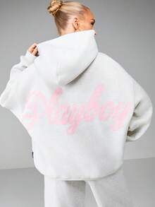 Missguided x Playboy Women's Hooded Sweatshirt With Logo Script Print Casual Pullover Hoodie - Light Grey - View 1