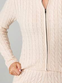 MISSGUIDED Cable Knit Zip Front Cardigan With High Neck Long Sleeve Fitted Sweater For Fall Winter - Apricot - View 4
