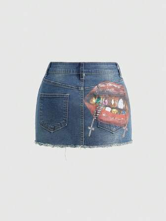 Grunge Punk Minifalda de jean ajustada con estampado de labios de "California Girl"
