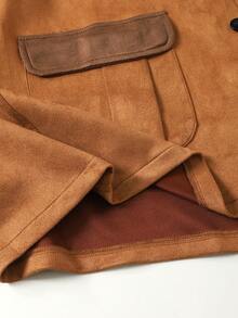 Teen Girl Contrast Color Block Collar Long Sleeve Drop Shoulder Front Button Casual Versatile Jacket - Brown - View 6