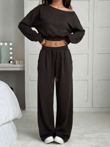 SHEIN EZwear Off Shoulder Cropped Sweatshirt & Sweatpants Set - Coffee Brown - View 6