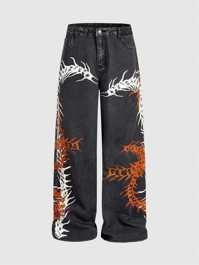 Grunge Punk Jeans casuales de pierna ancha y suelta con estampado de ciempiés para hombres