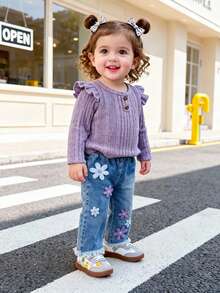 SHEIN 2pcs/Set Baby Boy Baby Girl Unisex Infant Toddler Dreamy Purple Crew Neck Long Sleeve Top Paired With Denim Jeans, Floral Embroidered Accents, Casual Chic Style, Suitable For Outings, School, Hangouts With Friends, Weekend Parties Toddler Jean With Flowers Baby Jeans Set Baby Girl Knitted Outfits Baby Girl Denim Sets Cozy Pixies Baby Girl Set Girl Clothes Sets Baby Girl Clothes Spring Fall