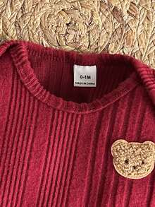 3件套男婴可爱小熊印花按扣裆长袖连体衣、松紧腰红色裤子+可爱帽子，舒适秋冬套装 - 紅色 - 查看 7