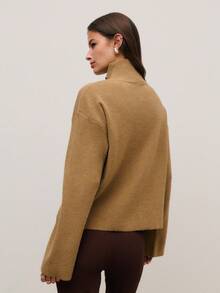 Nöista Women's Chocolate Brown Camel Knit Set,Half-Zip Sweater & Wide-Leg Pants Ribbed Texture,Autumn Casual Lounge Soft Winter Clothes For Thanksgiving - Khaki - View 7