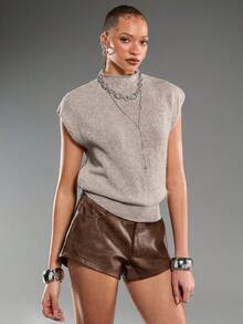 Normani Elegant High Neck Loose Casual Versatile Sleeveless Knit Sweater Vest Going Out Tops Women,Tops For School In Fall/Winter - Apricot - View 4