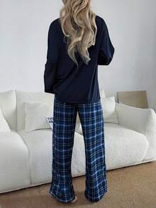 女士休闲宽松格子印花圆领睡衣套装，秋冬服装 - 藍色 - 查看 2
