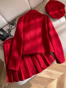 Elladie kids 2件套女童大翻领双排扣长袖宽松开衫和百褶裙套装，优雅适合派对、工作、圣诞节等场合，配贝雷帽 - 紅色 - 查看 2