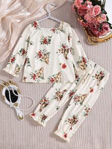 SHEIN 2pcs Baby Girl Bow Lace Trim Collar Yellow Rabbit Print Long Sleeve Top And Pants Pajama Set