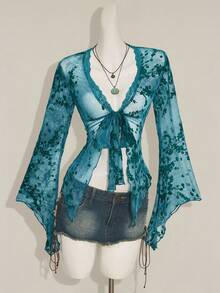 SHEIN ICON Asymmetrical Hem Flare Sleeve Vintage Flocked Mesh Sheer Cardigan For Women - Blue - View 3