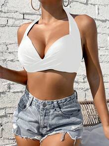 Swim Basics Summer Beach Solid Color Halterneck Swimwear Top - White - View 5