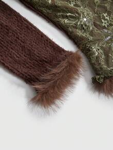 ROMWE Fairycore 风格大码串珠刺绣蕾丝针织棕绿色拼接开衫毛衣，嬉皮波西米亚风大码女式针织上衣，复古圣诞毛衣，秋冬款 - 綠色 - 查看 5