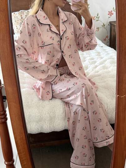 Bubble Crinkle Ditsy Bloemen Long Sleeve Pants Women Pajama Set view 5