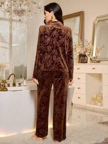 LuxeNights Women's Elegant Casual Loose Velvet Embossed Collar Long Sleeve Pajama Set Brown Night Wear, Winter Clothes - Multicolor - View 2