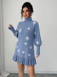 Selianne 女士宽松高领荷叶边下摆毛衣连衣裙，红色雪花图案，秋冬款 - 霧霾藍 - 查看 4
