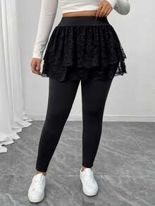 SHEIN Elenzya Quần legging cỡ lớn, Thiết kế thời trang, Thường ngày, 2 trong 1, Làm thon gọn, Thoải mái, Vừa vặn, Thanh lịch, Thân thiện với da, Đa năng - màu đen - Xem 7