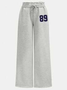 SHEIN Tween Girls Relaxed Fit Numeric Print Sweatpants,Navy Blue,Winter,Athletic,School,Back-To-School Casual Elastic Waistband Wide Leg Pants For Spring - Light Grey - View 4