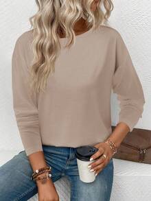 EMERY ROSE 女士休闲简约畅销荧光色圆领长袖基础款T恤，秋冬款 - 卡其色 - 查看 3