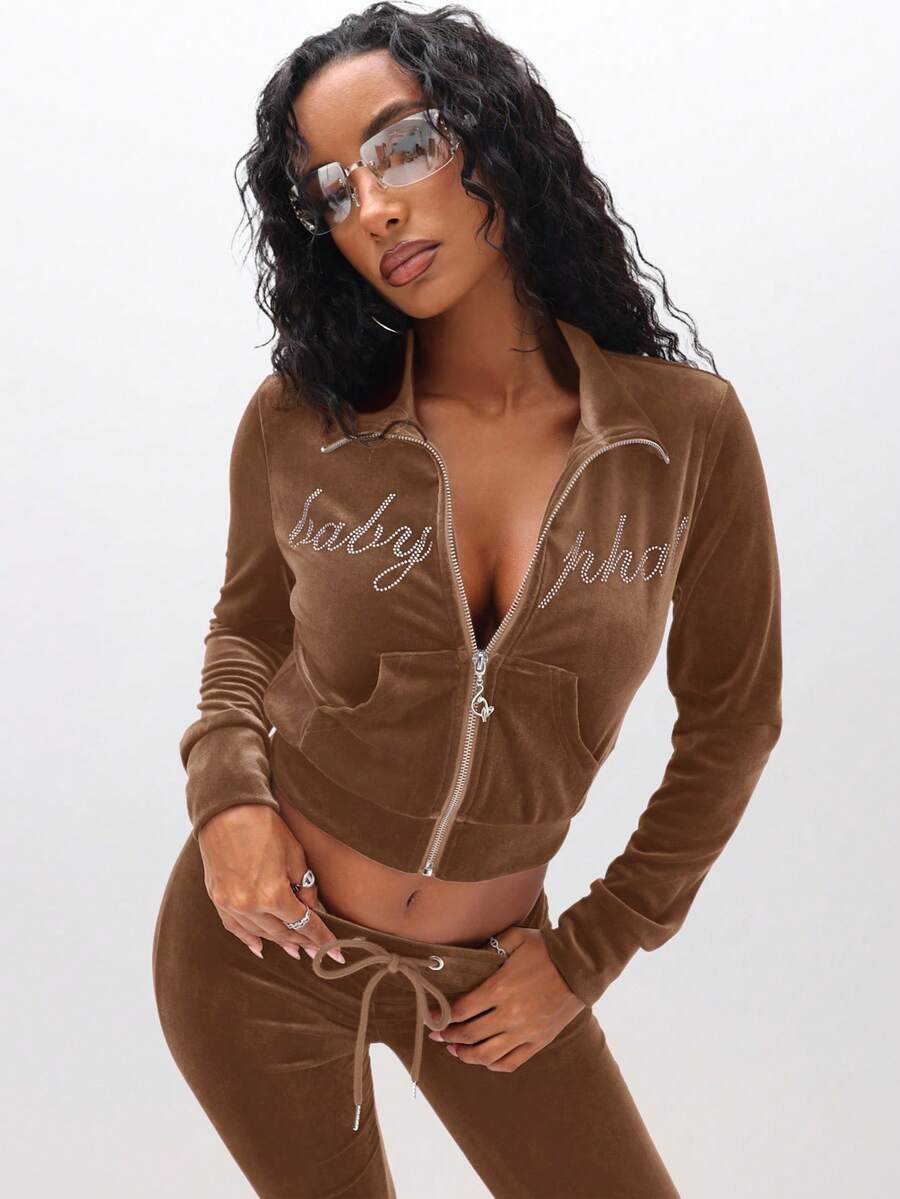 BABYPHAT Áo nỉ cổ phễu có khóa kéo, đính đá Rhinestone và tay dài, thích hợp mặc ở nhà mùa thu đông - Màu nâu Sô-cô-la - Xem 1