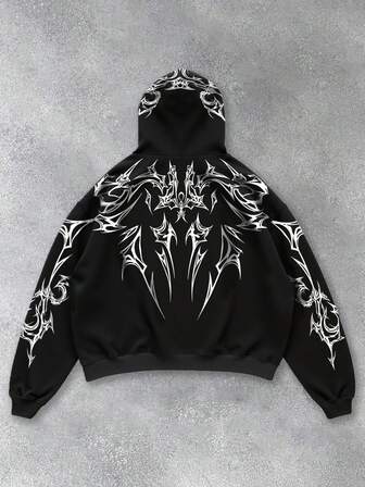 Manfinity Roghcode Plus Size Men's Contrast Color Long Sleeve Loose Casual Hooded Sweatshirt, Versatile Street Style, For Winter