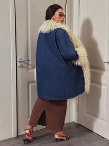 Slaydiva Áo khoác denim xanh mùa đông cỡ lớn cho nữ có cổ lông, phong cách cowgirl thời trang và độc đáo - Rửa tối - Xem 2