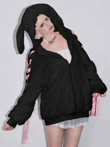 ROMWE Kawaii Áo nỉ nữ kiểu dáng nơ tai thỏ, viền ren, có nơ. - màu đen - Xem 4