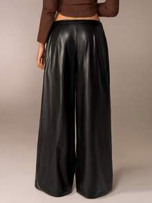 Avantive 秋冬/返校/乡村音乐会外出阔腿黑色 PU 裤 - 黑色 - 查看 2