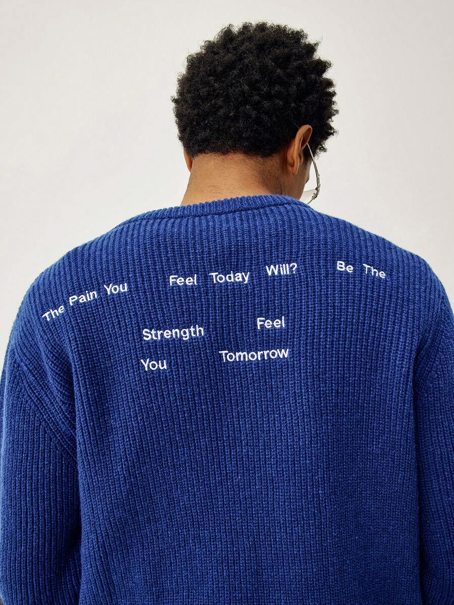 STEELVANCE 男士休闲标语刺绣圆领长袖毛衣，秋冬款 - 藍色 - 查看 1