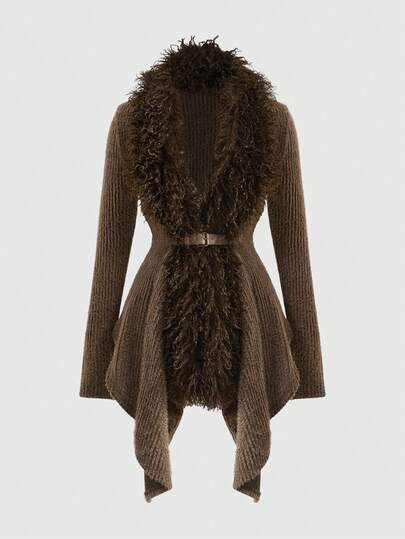 ملابس علوية نسائي مطابق مزين بالفرو المزيف المخطط ذو فتحة رقبة عميقة على شكل V غير متماثل الذيل