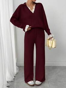 Modelyn 女士毛衣套装，温柔风格，秋冬款 - 酒紅色 - 查看 5