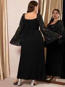 SHEIN Clasi Curvy Plus-Size Women's Black Elegant Formal Evening Dress,Autumn Shimmering Chiffon Square Neck Open Sleeve Pleated Hem Fitted Waist Party Ball Gown - Black - View 8