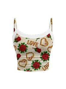 Glamance Vecteezy 两件套女士爱心玫瑰印花吊带背心和短裤套装，适合冬季和情人节穿着 - 彩色 - 查看 4