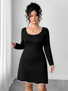 SHEIN PETITE CURVE 优雅撞色长袖方领加大码女装连衣裙 - 黑色 - 查看 3