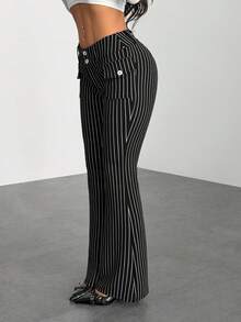 SHEIN PETITE 低腰修身条纹喇叭裤，带口袋，黑白配色 - 黑色 - 查看 5