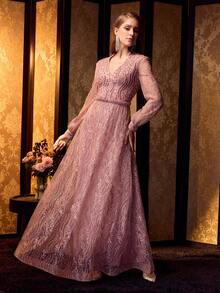 MOTF Soiréza WOMEN'S LONG SLEEVE DEEP V-NECK PARTY GOWN ,FLOOR-LENGTH SILHOUETTE WITH PEARL EMBELLISHMENTS, RANDOM PATTERNS LACE & PEARLS ,PERFECT FOR WEDDINGS, GALAS & FORMAL DINNERS - Dusty Pink - View 6